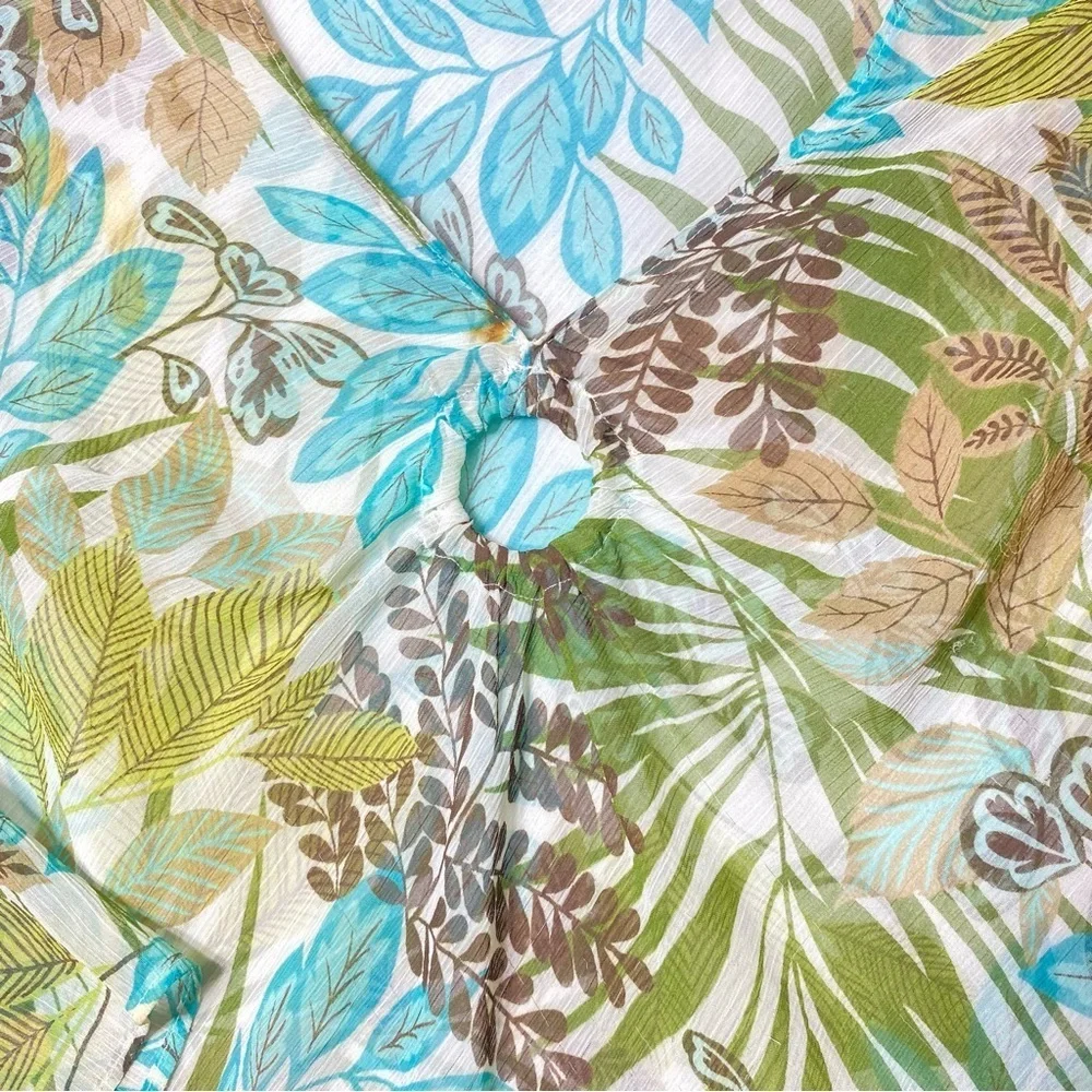 Loft Tropical Hawaiian Floral Top Womens L Green Sheer V Neck Long Sleeve Resort